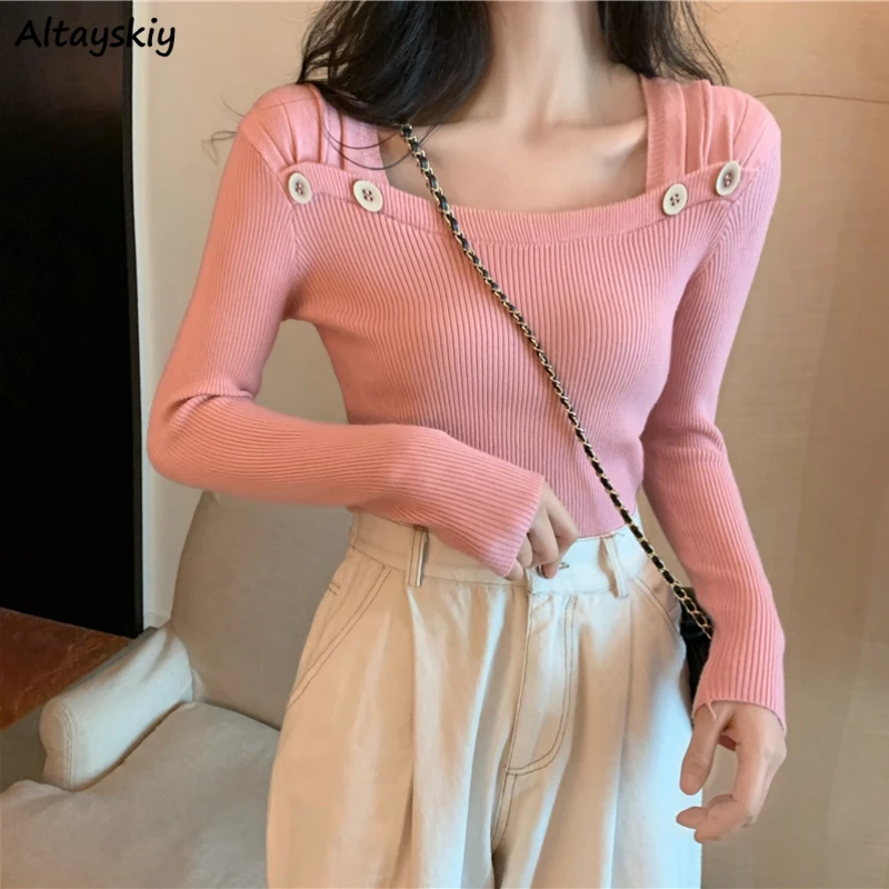 

French Retro Square Collar Winter Knitted Inside Basic Pullovers Women Long Sleeve Design Pleated Exposed Collarbone Top Ulzzang