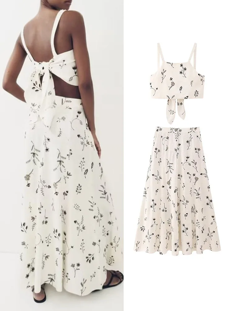 

TRAF Summer Women Embroidery Skirts Sets 2023 Causal Sleeveless Backless Bow Tops High Waist A-Line Zipper Mid-Calf Skirts