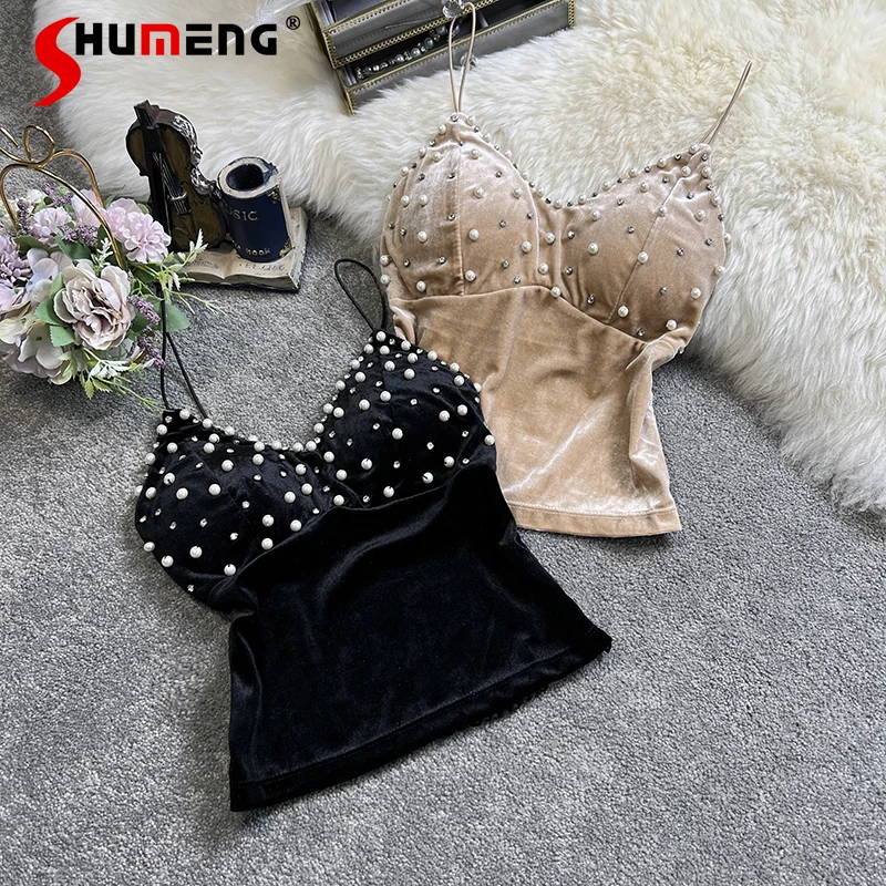 

Chic Pearl Velvet Sleeveless Vest Camisole 2022 Spring Winter New Elastic Slim Fit Solid Color All-Matching Tank Top Women Tops