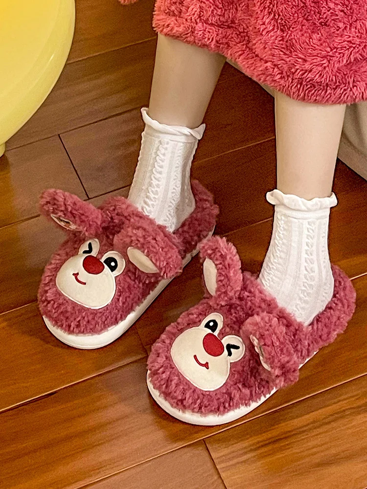 Cartoon Strawberry Bear Cotton Slippers Female Winter Cute Home Slipper Plus Plush Thick Soles Couple Man Slipper