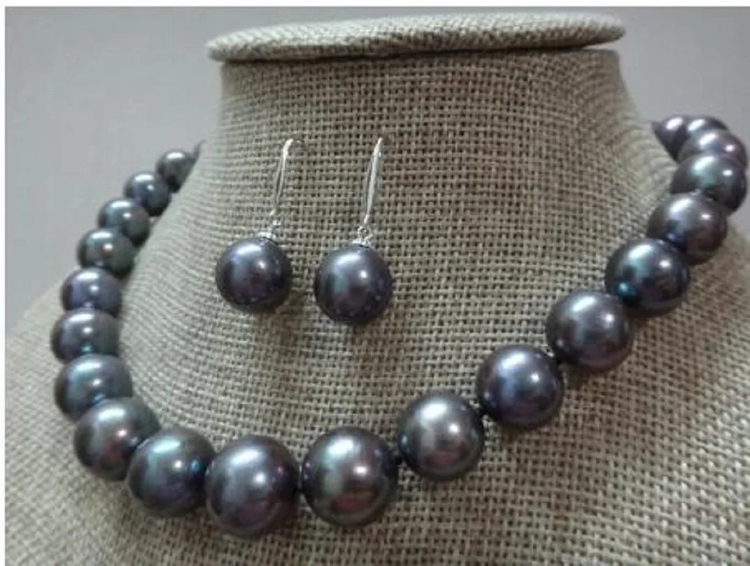 

natural 10-11 mm AAA+ Tahitian black PEARL NECKLACE EARRINGS 14K WHITE GOLD 18"fine jewelryJewelry