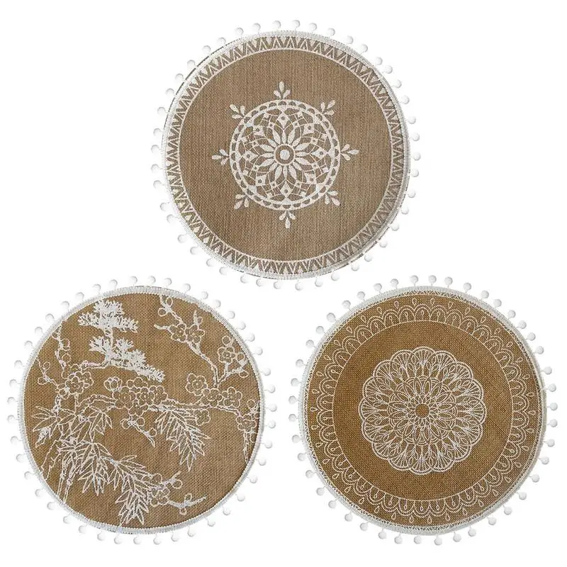 

Round Tassel Placemat Bohemian Style Cotton Linen Table Mats Anti-scalding Insulation Tassel Mats Home Decoration