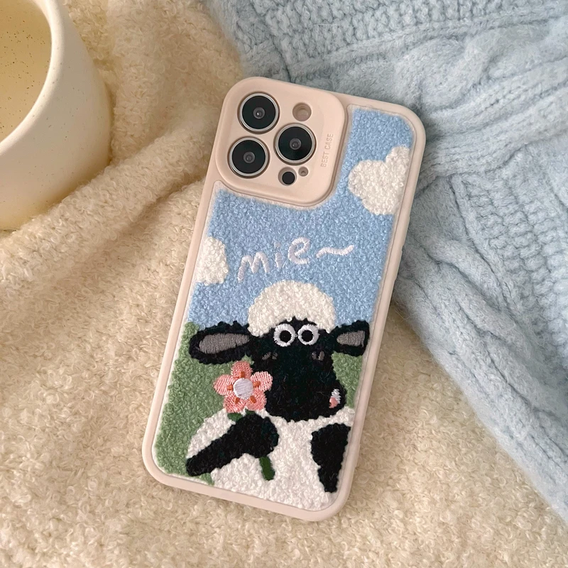 

Korea Cute Fuzzy Plush Shaun The Sheep Phone Case For iPhone 11 12 13 Pro XS Max X XR 7 8 Plus Winter Shockproof Soft Back Cover