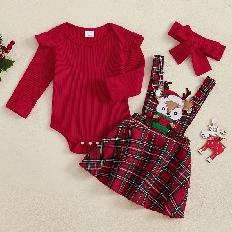 Baby Girls 3PCS Skirt Sets Flying Sleeve O Neck Romper Elk Embroidery Plaid Suspender Headband