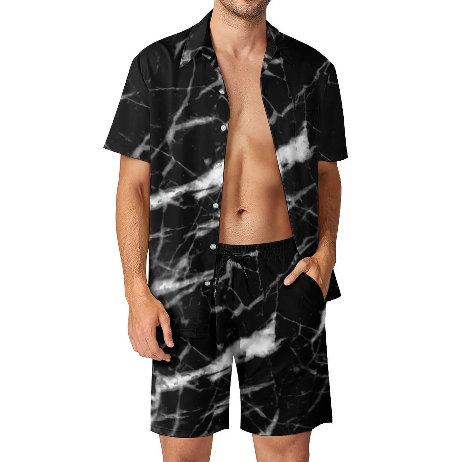 

Marble Crackle Black And White Men Sets Natural Marbles Graphics Fashion Casual Shirt Set Short-Sleeve Design Shorts Beach Suit