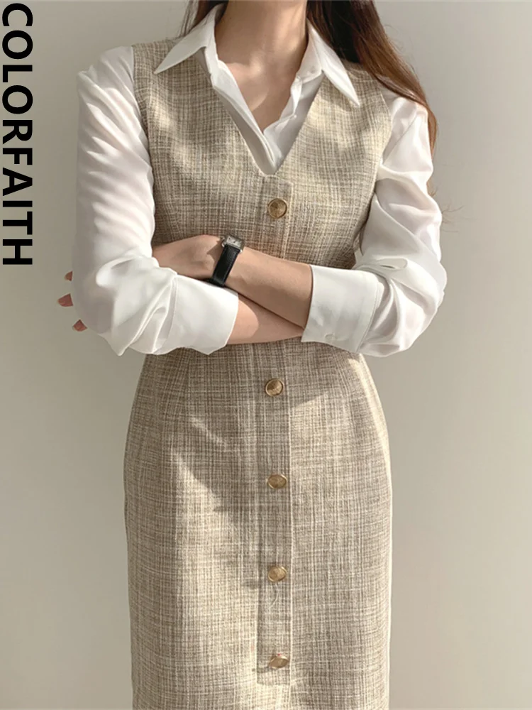 

Colorfaith New 2023 Sleeveless High Waist Checkered Fashionable Office Lady Wild Spring Autumn Women Dresses Long Dress