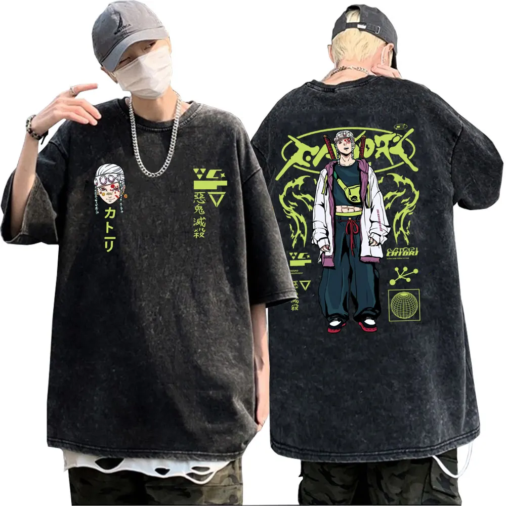 

Japanese Anime Demon Slayer Uzui Tengen Tshirt Men Women Casual Wash Vintage Black T-shirts Men's Fashion Oversized Streetwear