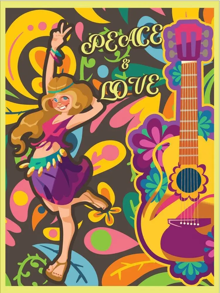 

Peace And Love Hippie Girl Guitar Metal Wall Plaque Art Vintage tin sign retro