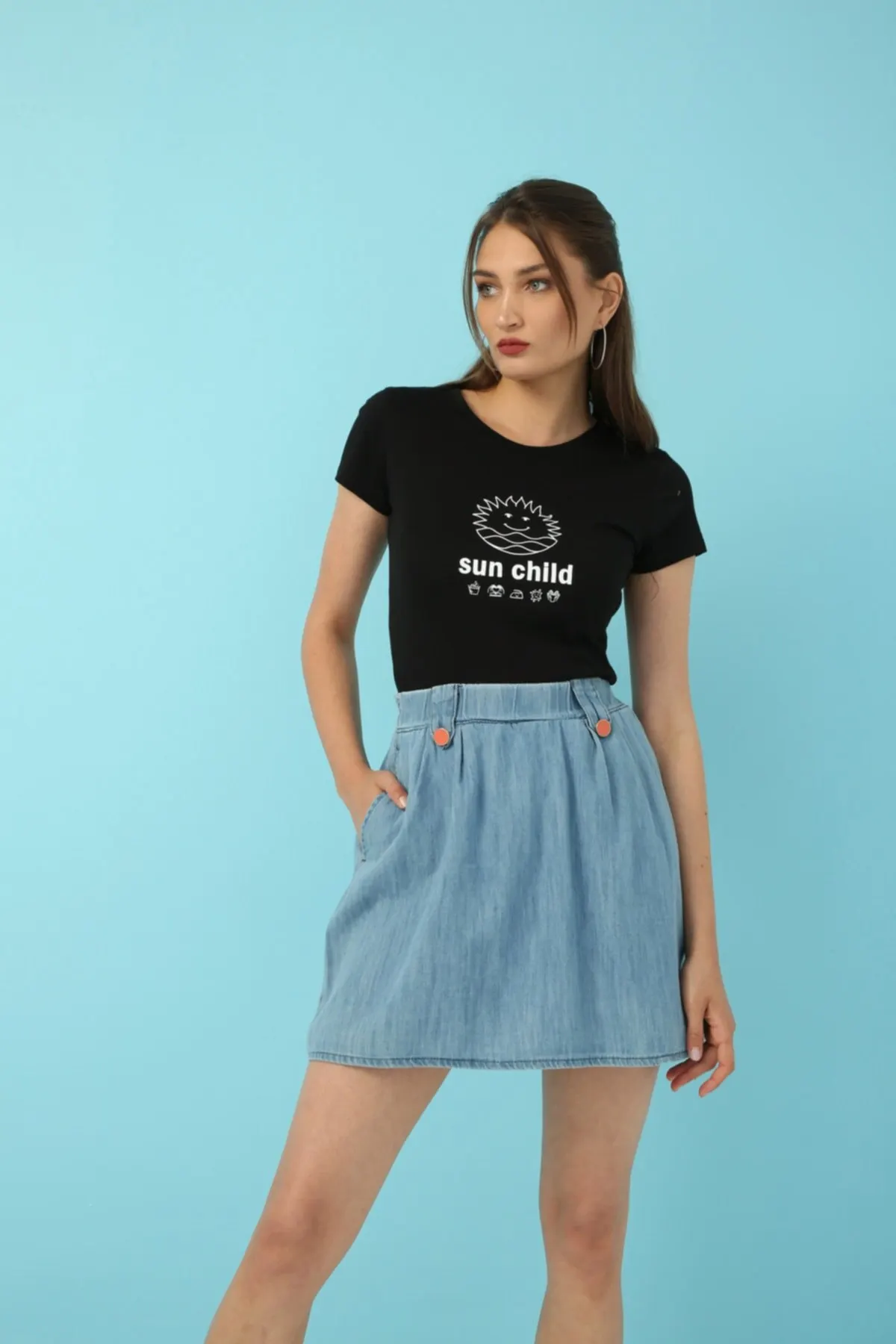 

Women's Skirt yk Women Skirt Light Blue Summer Cute Style Empire Slim Folds Above Knee Sexy Mini Skirts