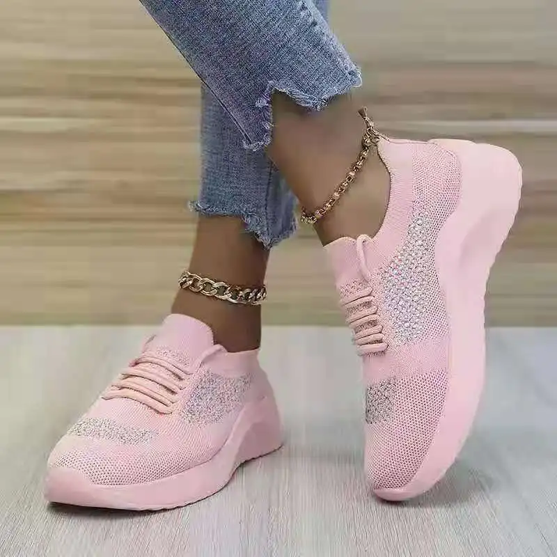 

2022 Summer New Breathable Sneakers Women's Mesh Rhinestone Flying Woven Casual Wedge Running Comfortable Shoes Free Shipping