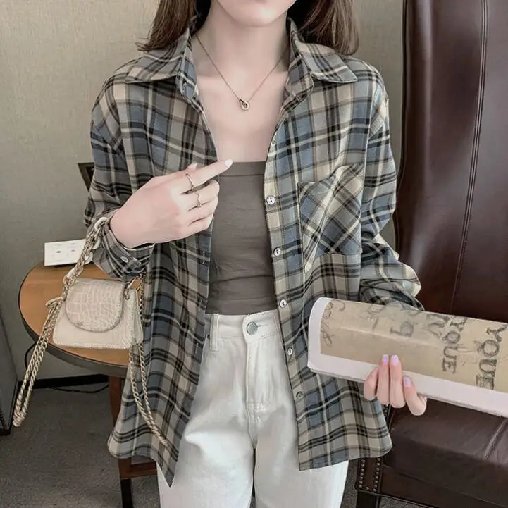 Японская клетчатая рубашка в гонконгском стиле с длинными рукавами Корейская