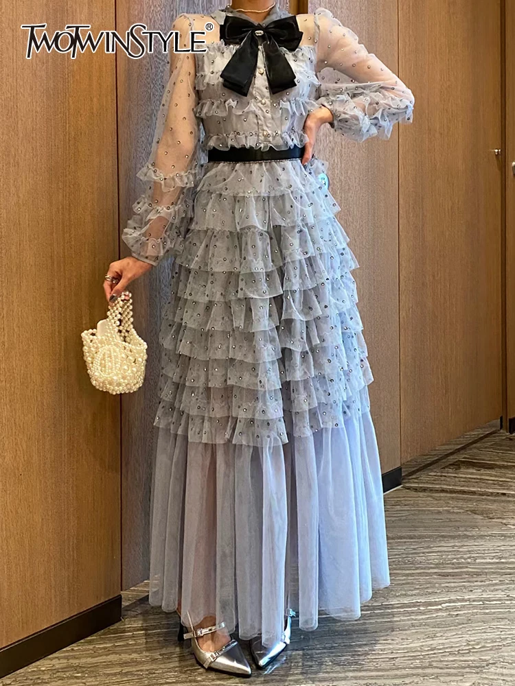 

TWOTWINSTYLE Solid Mesh Patchwok Diamonds Dresses For Women Round Neck Long Sleeves High Waist Spliced Bow Elegant Dress Female