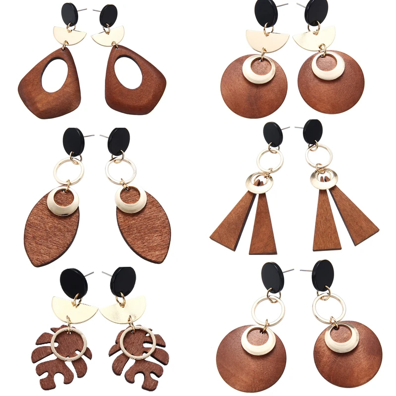 

Women Fashion Wooden Earrings Retro Brown Wood Gold Plated Pendant Ethnic Statement Earrings Jewelry Gift