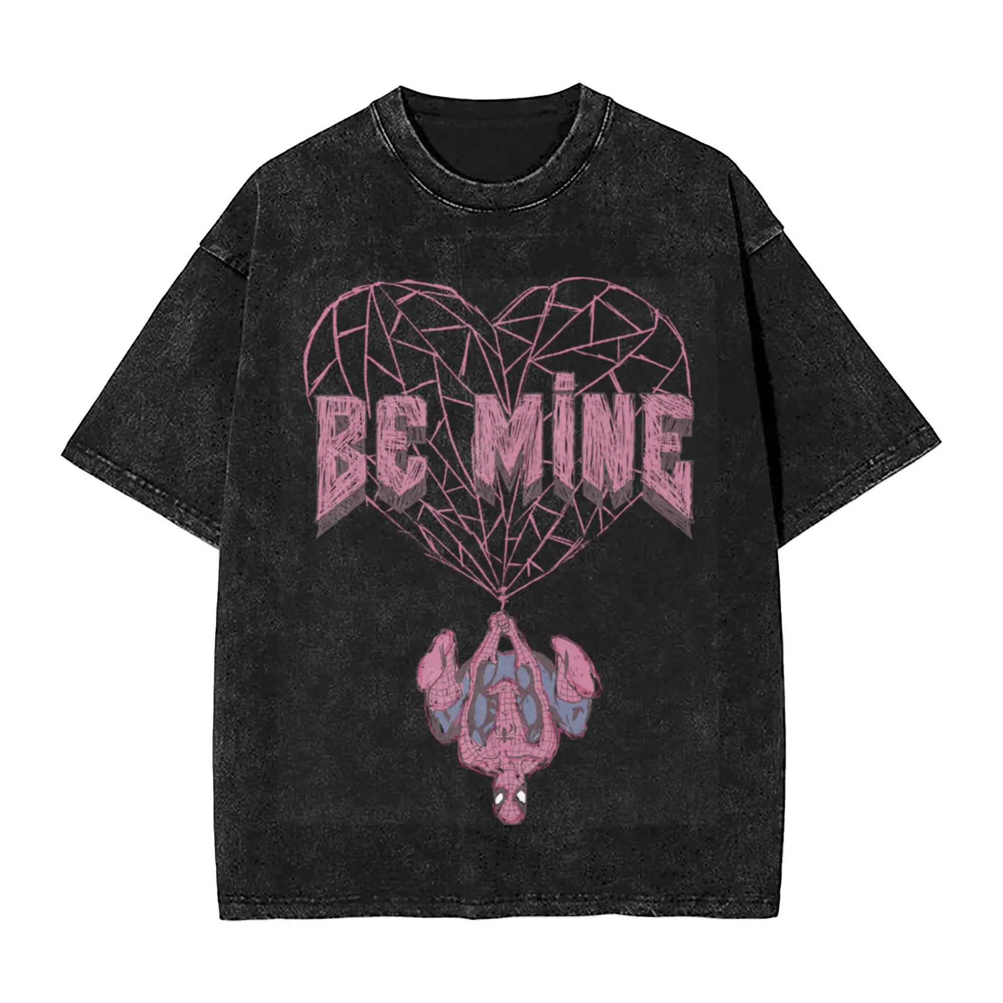 Spiderman Be Mine Web Heart T Shirt Hip Hop Washed 100% Cotton Harajuku T-Shirts Men Women Tops Streetwear Graphic Printed Tees