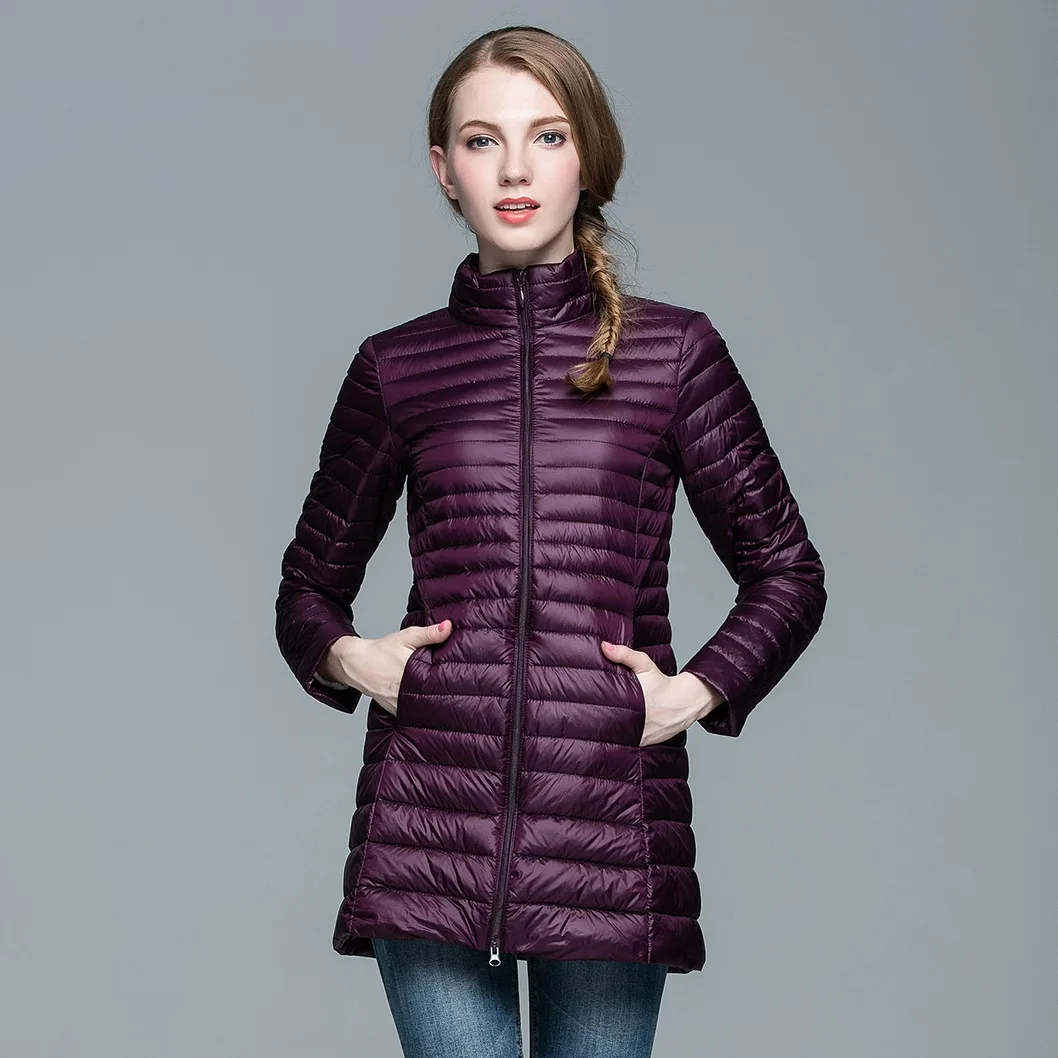 Autumn Winter Down Jacket Women Medium Length Stand Collar Slim Warm White Duck Down Jacket