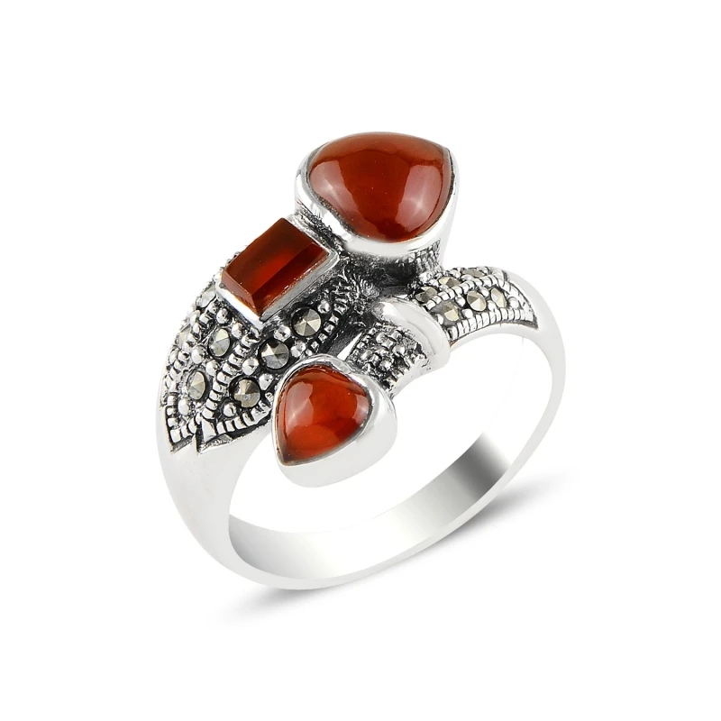 

Silver 925 Sterling Red Agate & Marcasite Ring