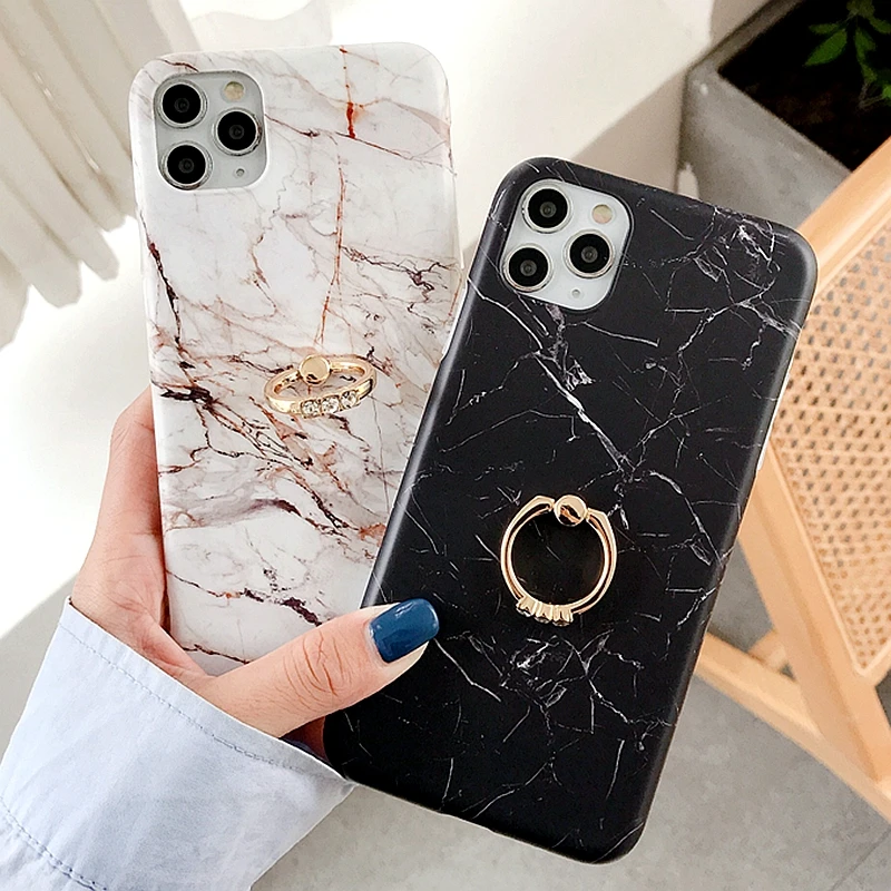

Fashion Marble Phone Case For iPhone 11 12 Pro Max XS X XR 7 8 Plus Mini SE 2020 Stand Ring Shockproof Bumper Back Cover