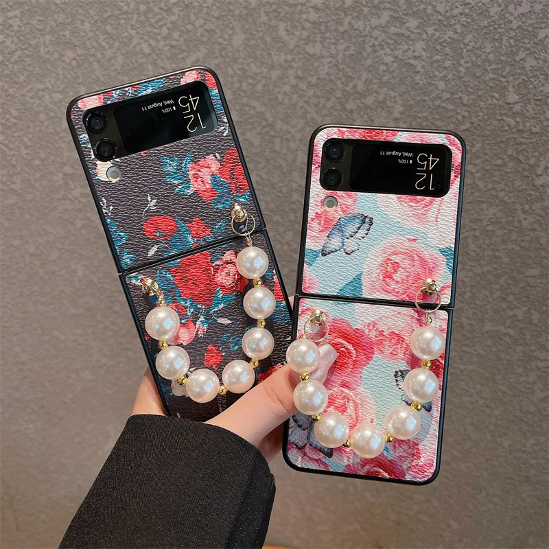 

Vintage Flower Pearl Bracelet Phone Case for Samsung Galaxy Z Flip 3 Z Flip 4 Hard PC Back Cover for ZFlip3 ZFlip4 Case Shell