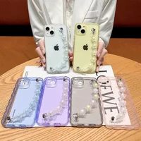 kawaii pearls wrist strap wavy flowers phone case for iphone11 13 12 11pro max 8 7 plus tpu transparent cover