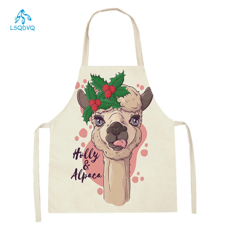 

Women Men Cartoon Alpaca Printed Linen Sleeveless Kitchen Aprons Home Household Cleaning Aprons Cooking Baking Accessories