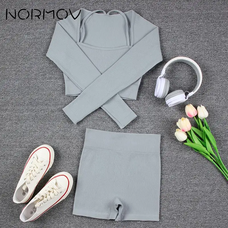 

NORMOV Woman Yoga Long Sleeve Two Piece Sets Shoulder Straps Push Up Womens Running Outifits Suit for Fitness Women Tracksuit