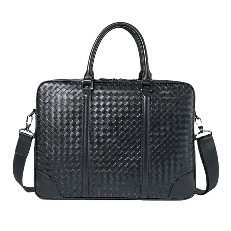 

New Design Genuine Leather Woven Men Luxury Handbags Office Business Shoulder Crossbody Bag Large Capacity Computer Briefcase 3A