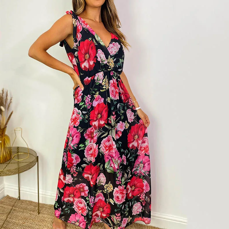 

Casual Floral Print Sleeveless V-neck Boho Maxi Dress Women Plus Size 5XL A-line High Waist Beach Dresses Sexy Spring Summer