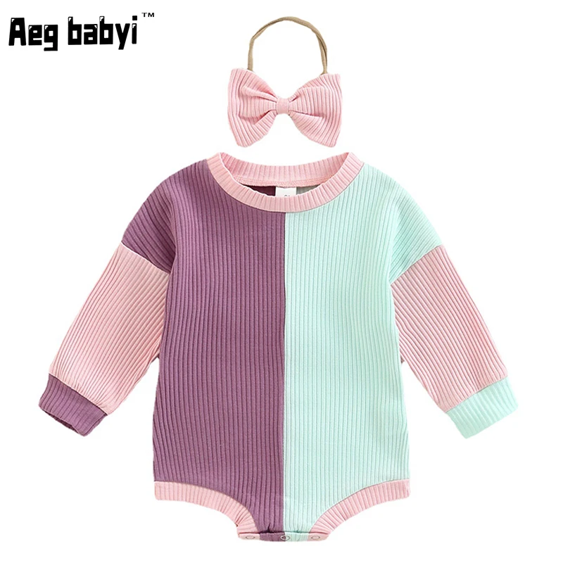 

Toddler Baby Girls Romper Outfits Set Cotton Ribbed Long Sleeve Jumpsuit + Bow Headband Sweet New Born Infant Clothing 0-24M