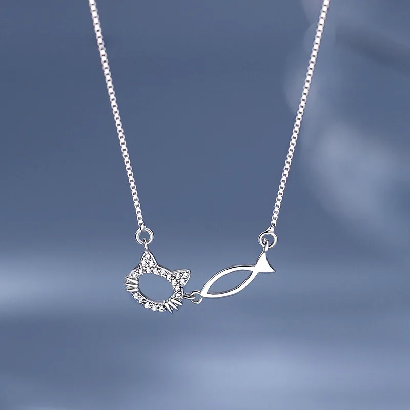 

KOFSAC Simple Cute Zircon Cat and Fish Pendant Necklace For Women Fashion 925 Silver Necklaces Jewelry Girl Birthday Present