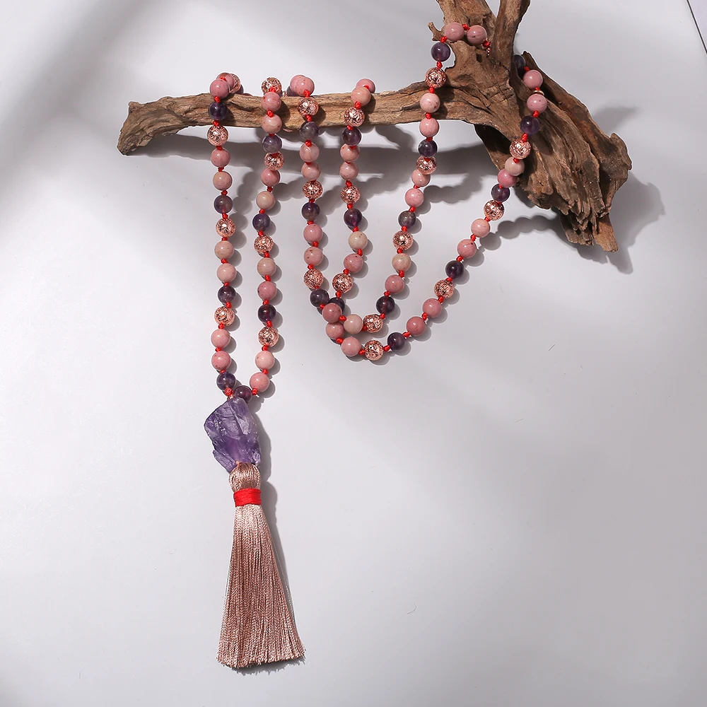 

8mm Amethyst Rhodolite Lava Hematite Beaded Knotted 108 Mala Necklace Meditation Yoga Prayer Jewelry Women Fashion Rosary Beads