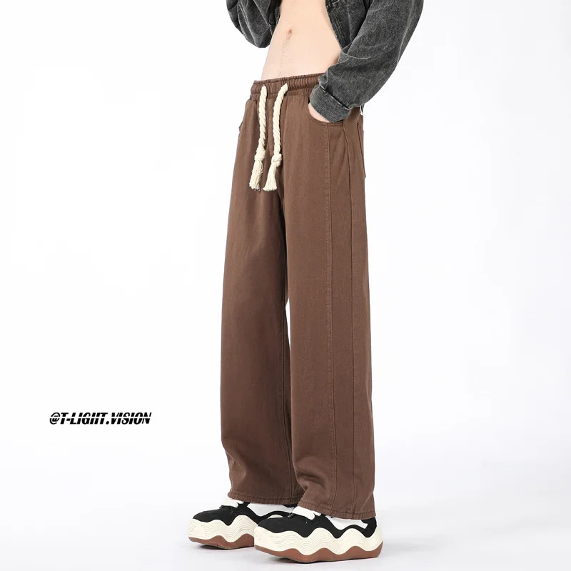 Apricot Brown Black Baggy Jeans Men Fashion Vintage Drawstring Jeans Mens Streetwear Hip-hop Loose Straight Denim Trousers Men