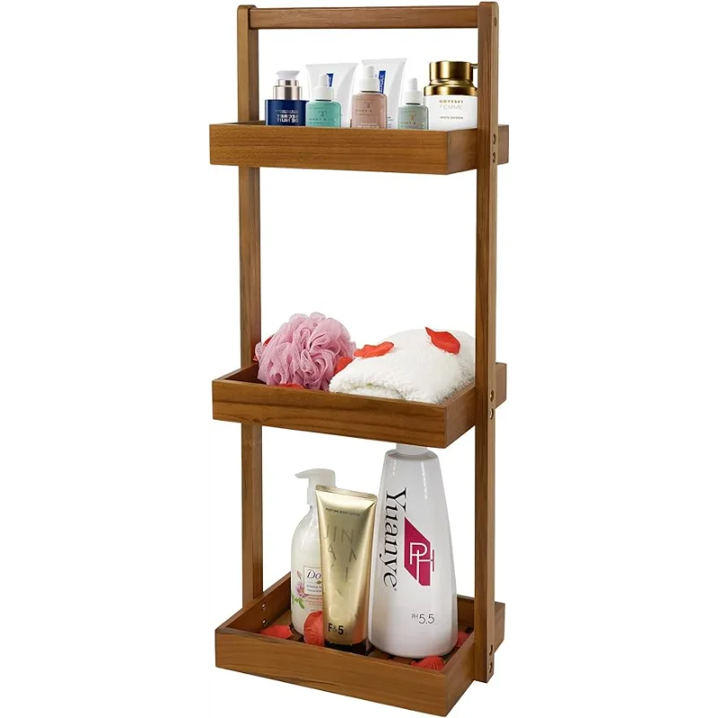 

Teak Shower Caddy Corner, 3 Tier Standing Shower Organizer Shelf with Handle, Wood Bathroom Stand Up Caddy Basket for Shampoo