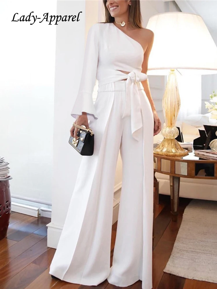

Y2K Women Chic White One Shoulder Sleeve Lace-up Sashes Top Wide Leg Trousers 2 Piece Set Sexy Lady Summer Casual Suit