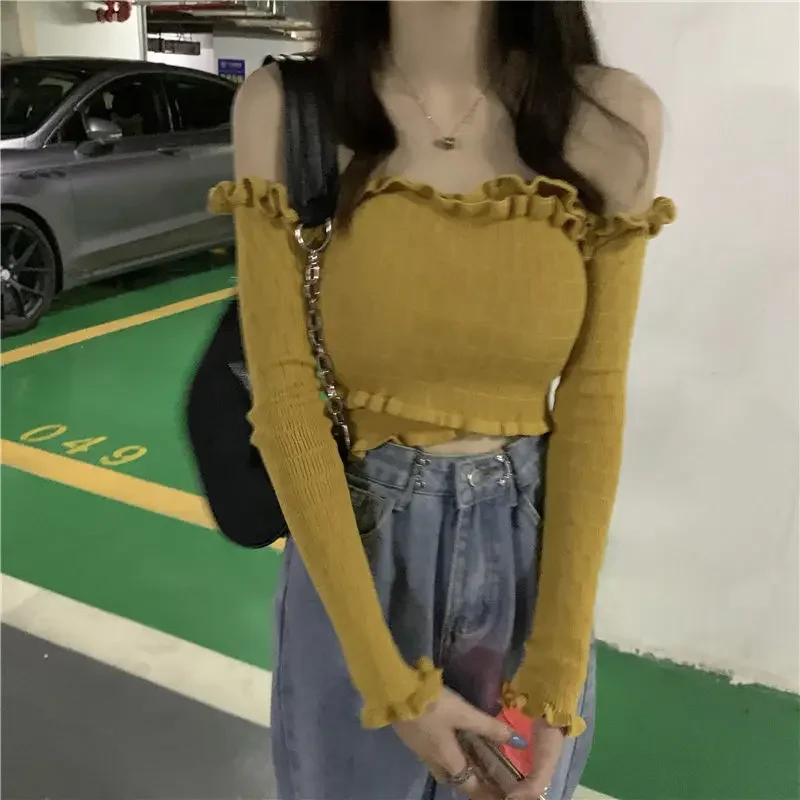Sweet Spicy Girl Укороченный топ с открытыми плечами и длинными рукавами Вязаный