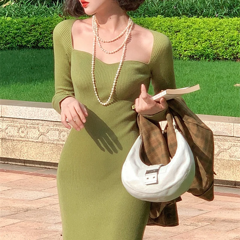 

Women Dresses 2022 New Sexy Strapless Ribbed Knitted Bodycon Dress Women Winter Long Sleeve Midi Sweater Dress Clothes