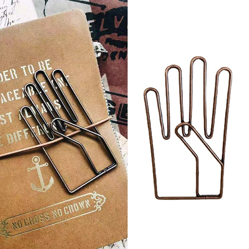

5pcs Vintage Paperclip Bookmark Hand Shaped Brass Paper Clips File Collector