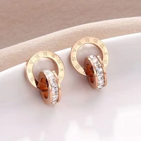 top brand hight quality titanium steel double wound roman numerals crystal stud earrings for women gift jewelry