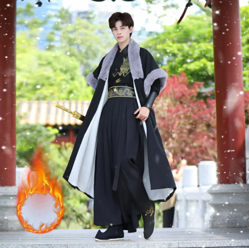 

Winter Thicker Hanfu Men Chinese Traditional Embroidery Black Hanfu Adult Carnival Cosplay Costume Fancy Dress Men Plus Size 4XL