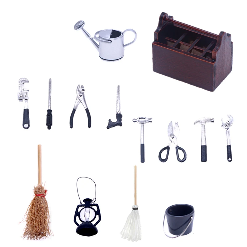 

1Set 1:12 Dollhouse Miniature Repair Tool Broom Watering Can Kerosene Lamp Wooden Toolbox Set Model For Garden Tool Decor Toy