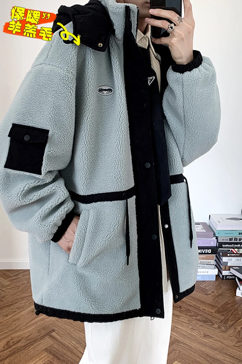Harajuku Style Patchwork Fleece Jacket for Men Winter Fashion Trends Streetwear Teenage Oversized Hooded Coats Windproof Clothes