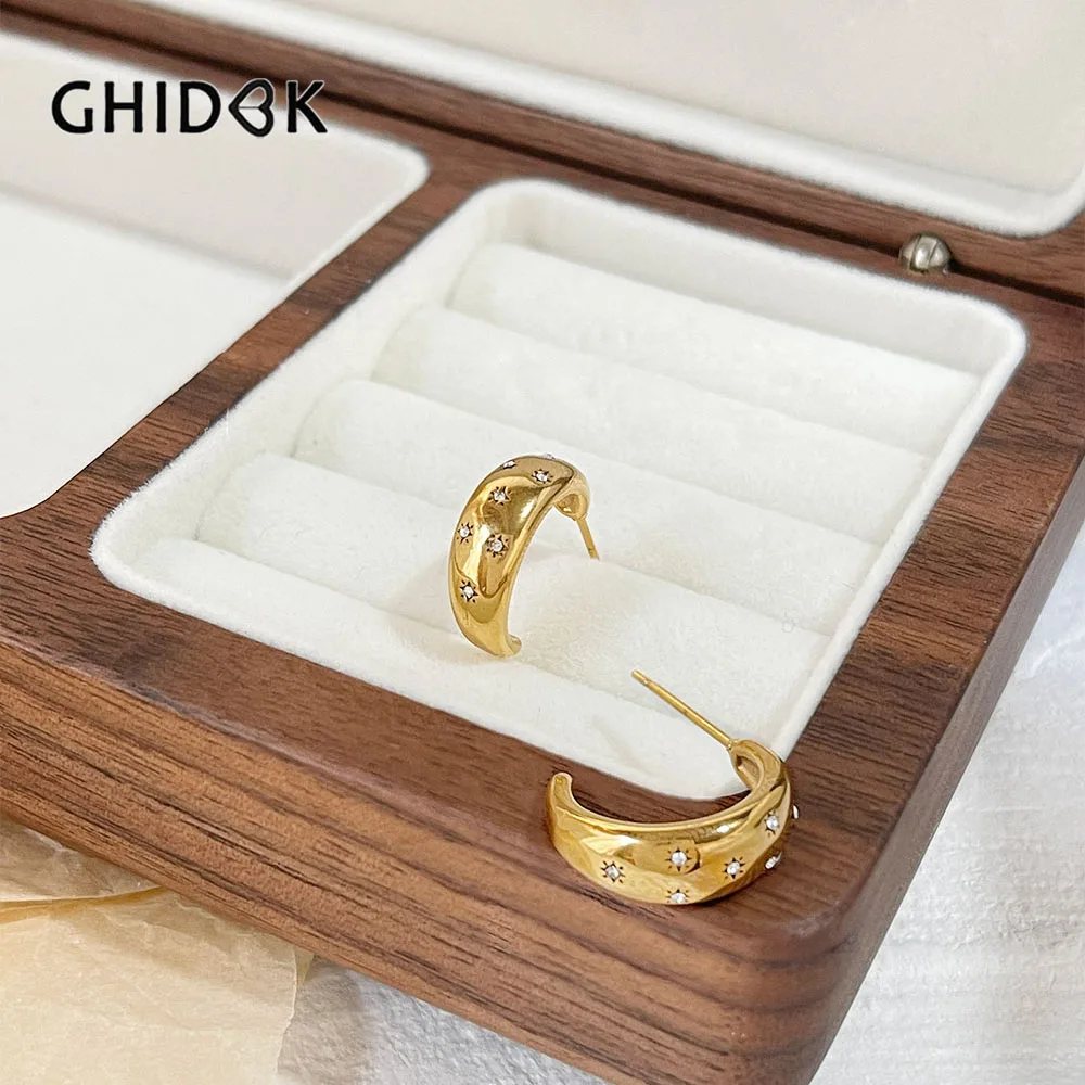 

Ghidbk Titanium Steel 18K Pvd Gold Plated Pave Cz Starburst Dome Hoop Earrings Women Celestial Jewelry Christmas Gifts ornaments