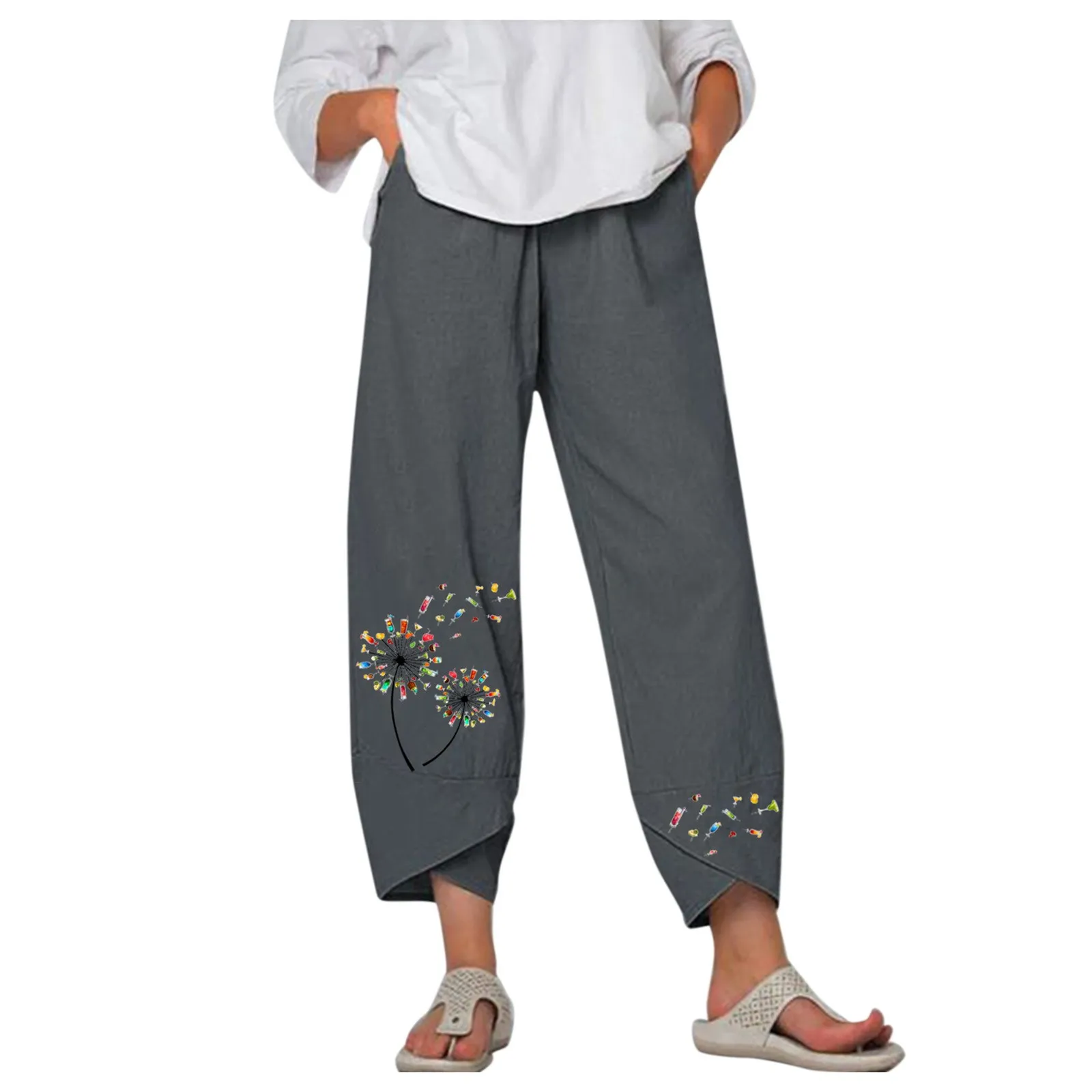 Embroidery Cotton Linen Pants For Women Loose Casual Elastic Waist Wide Leg Trousers Streetwear Sweatpants Pockets Harem Pants