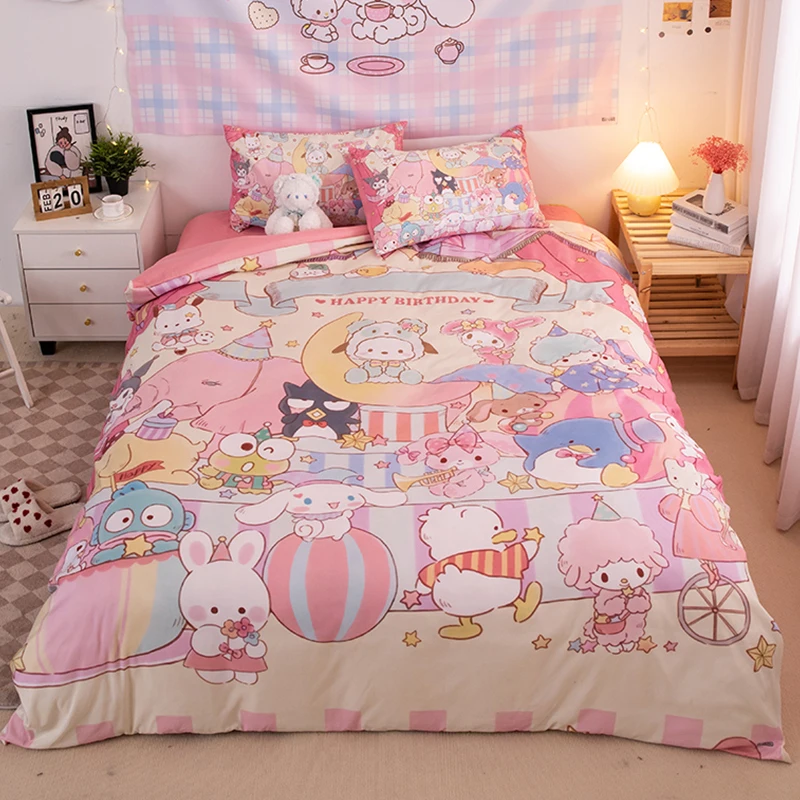 Kawaii Sanrio Hello Kitty My Melody Cinnamoroll Cartoon Household Dormitory The Bed 3 Piece Set Comfortable Soft Life Supplies