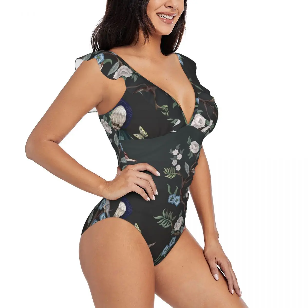 

Ruffled One-piece Swimsuit Women Chinoiserie Herons Peacock And Peonies Sexy Lace Up Monokini Swimwear Girl Beach Bathing Suit