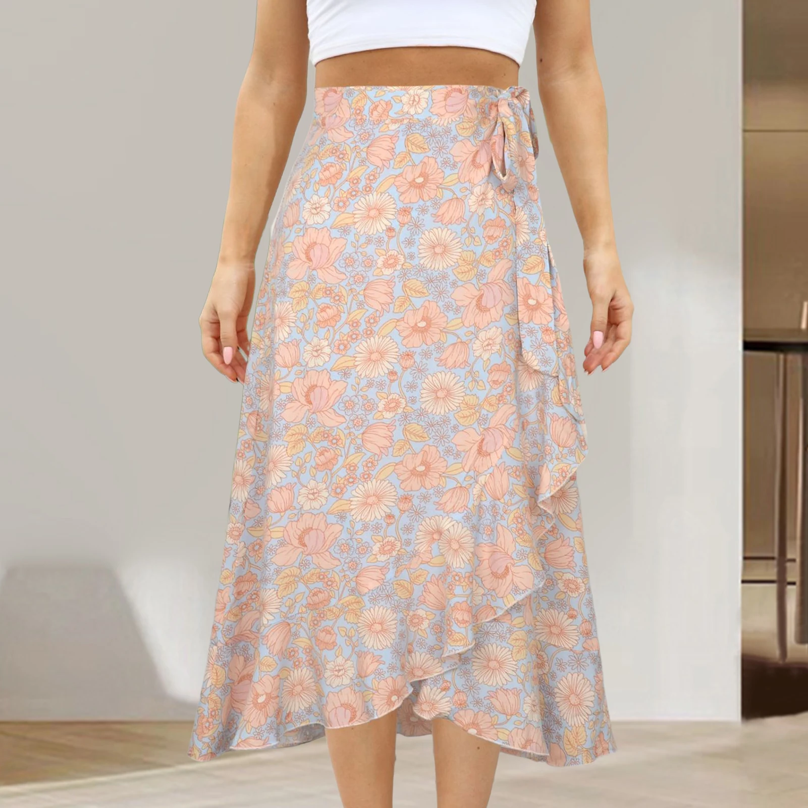 

Printed Draped Skirt Irregular Summer Lightweight Skirts Asymmetric Flowy Skirts Wrap Soft Lace Up for Women Summer Party