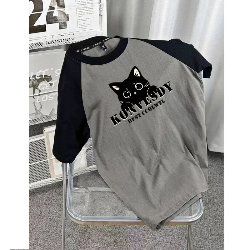 Pure Cotton Heavy Duty Color Blocking Short Sleeve T-Shirts Men Women's Loose Fit American Style Vintage High Street Qualit