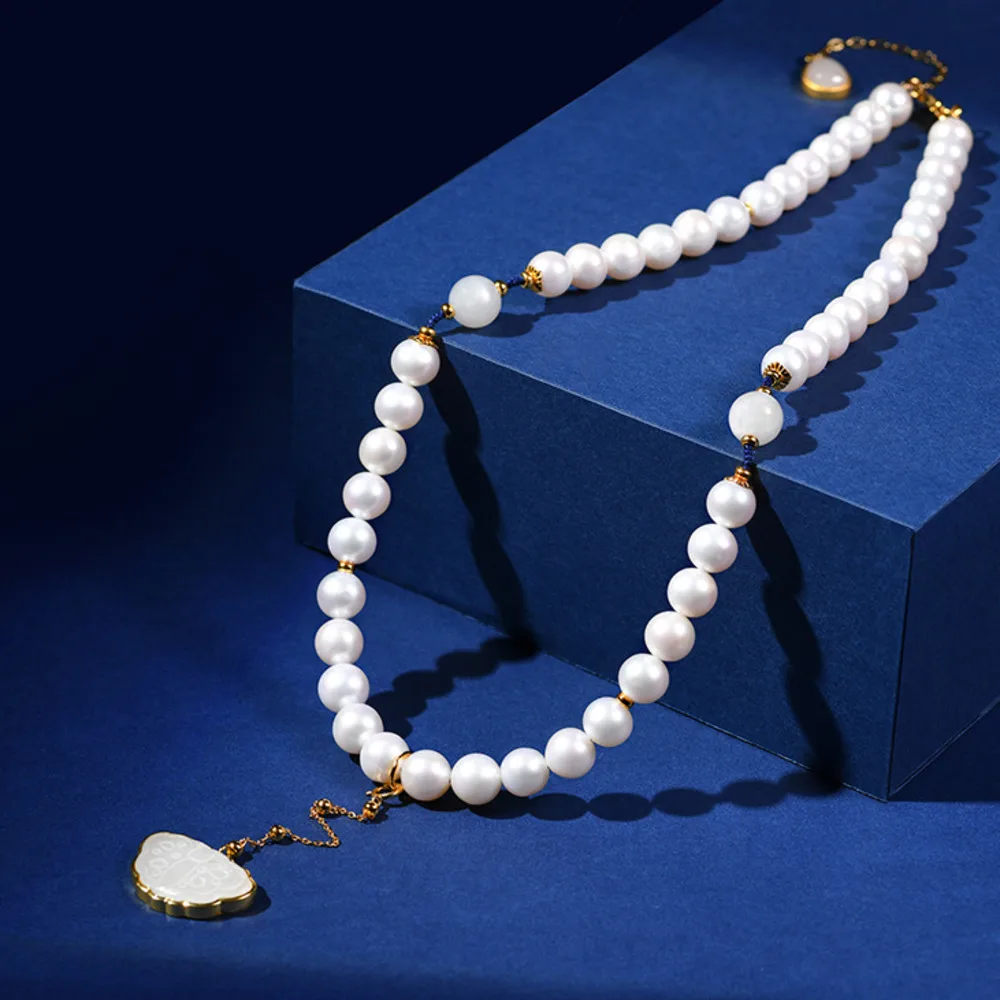 

Natural Freshwater Pearl Mama Necklace 925 Silver Nephrite Pendant Chinese Style DIY Sweater Chain Wholesale Jade Jewelry
