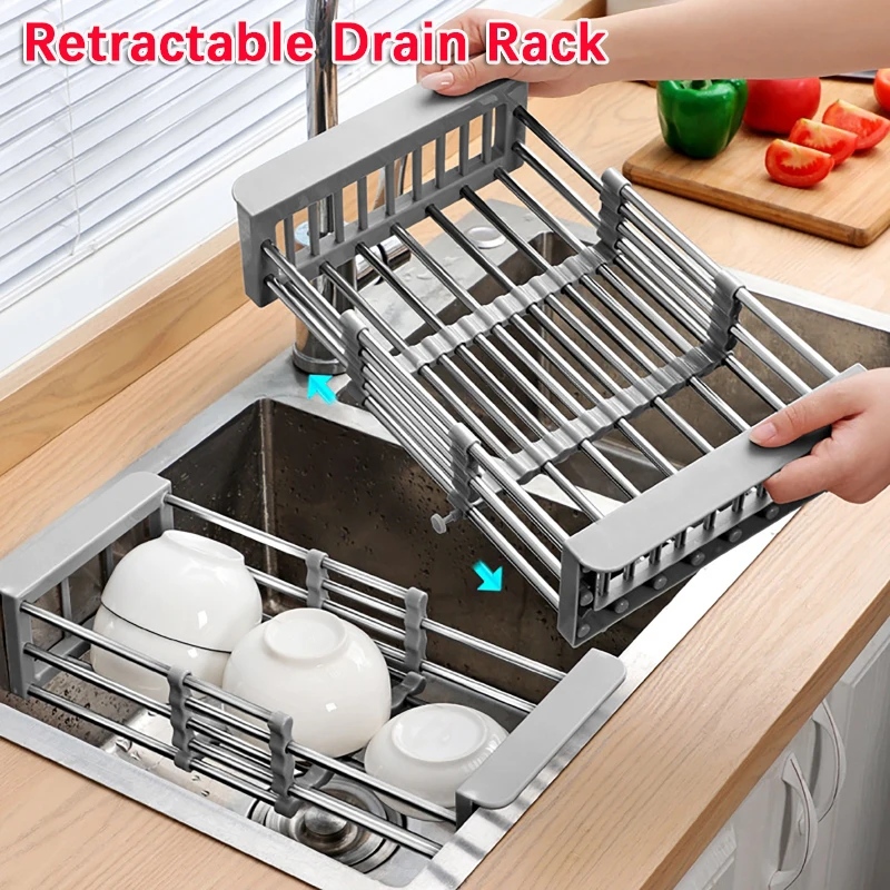 

Kitchen Stainless Steel Retractable Drain Rack Fruit Vegetable Drainer Shelf Kitchen Tableware Dish Drainer Rack Storage Shelves