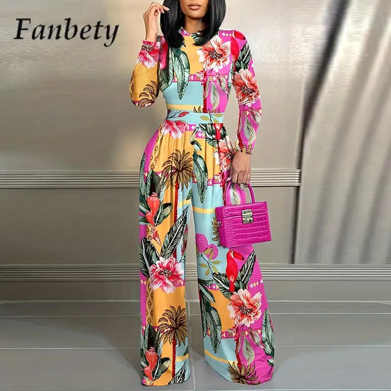 

Женский комбинезон с длинным рукавом, элегантный офисный комбинезон с круглым вырезом и модным принтом, универсальный комбинезон с широкими штанинами для осени и зимы