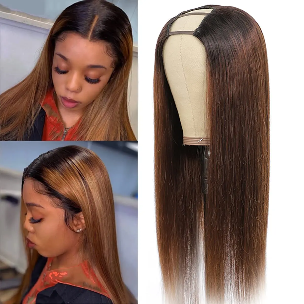 Ombre U Part Wig Half Wigs Brazilian Remy Straight Human Hair U Part Clip In Wig 1B 30 2Tone Brown UPart Human Hair Wigs